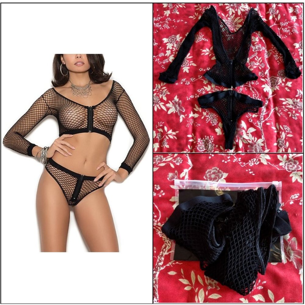 NWOT Black Sheer Mesh Crop Top & Bikini Set with Sexy Zipper Detail - One Size